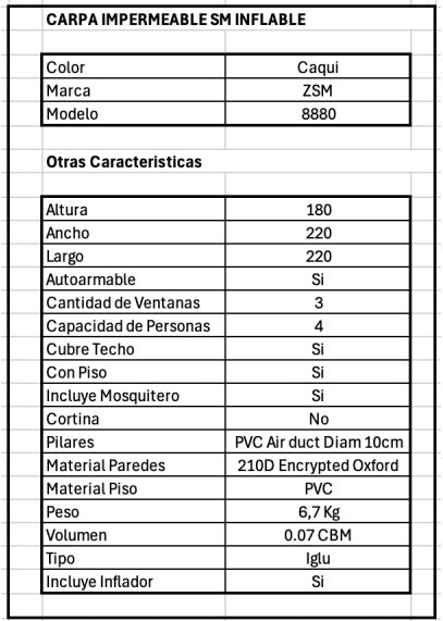 CARPA IMPERMEABLE SM INFLABLE MODELO 8880