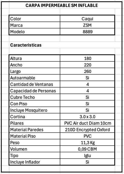 CARPA IMPERMEABLE SM INFLABLE MODELO 8889