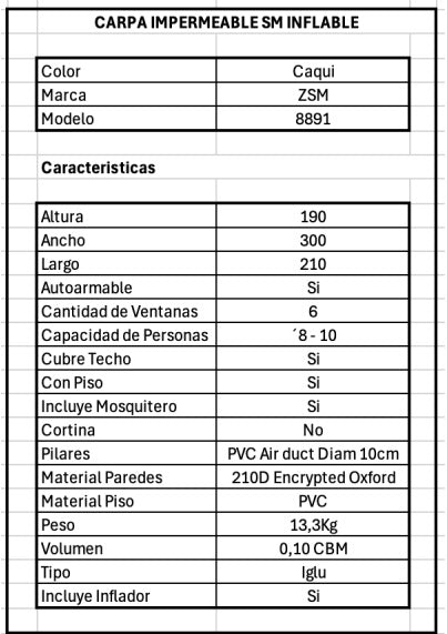 CARPA IMPERMEABLE SM INFLABLE MODELO 8891
